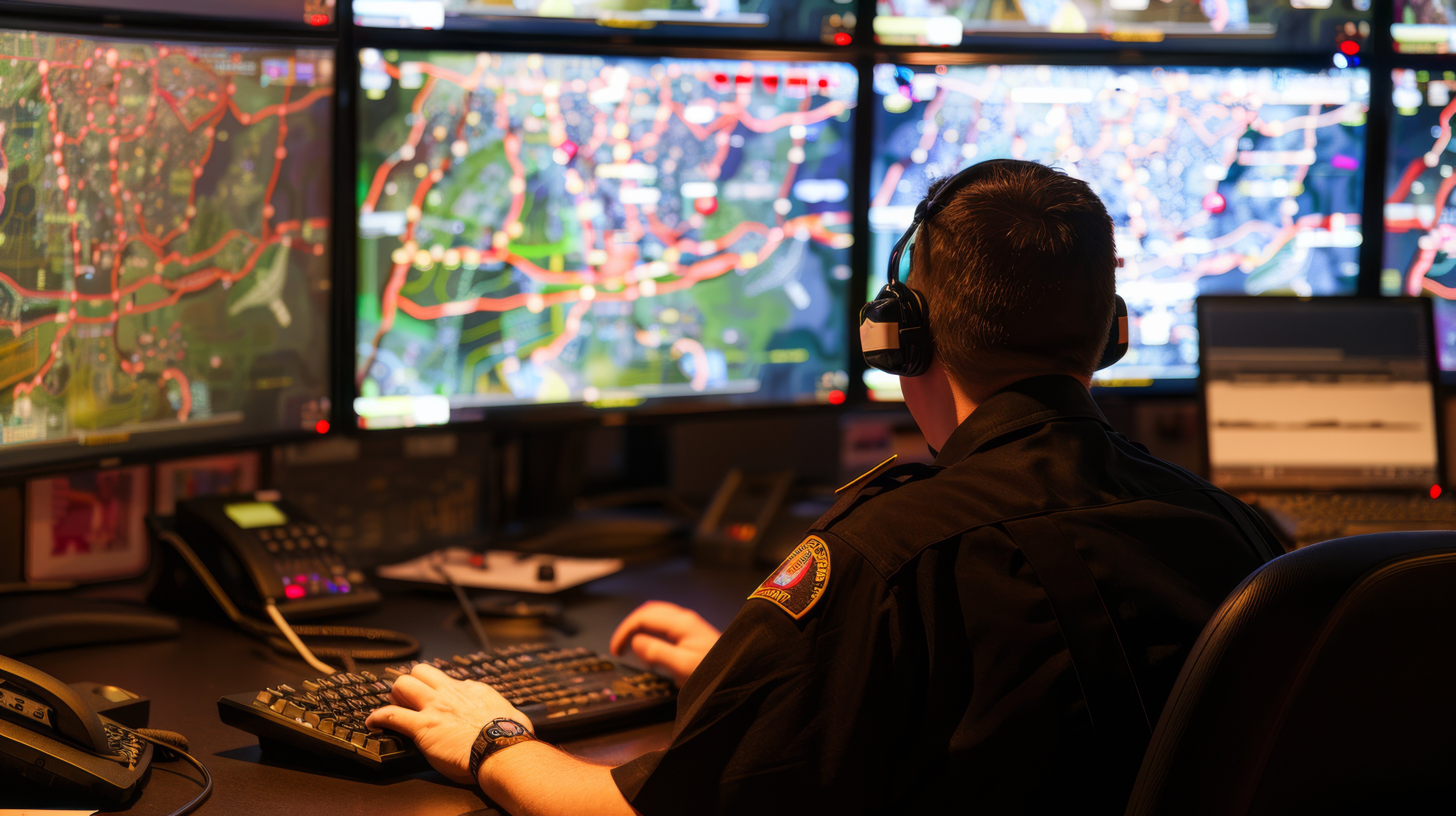 A uniformed emergency dispatcher wearing a headset monitors multiple large computer screens displaying complex maps, routes, and tracking data in a dimly lit command center.