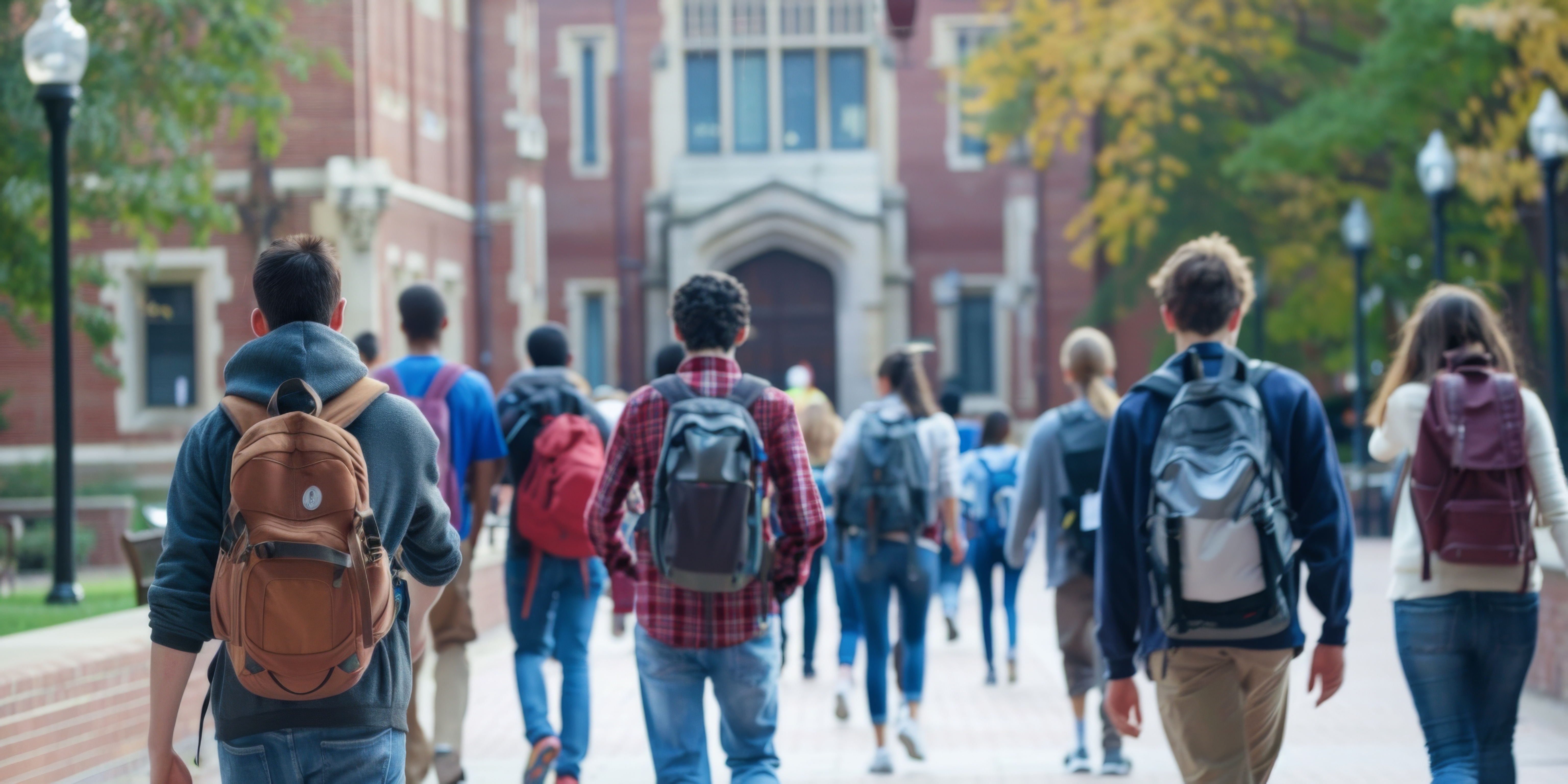 A group of college students wearing backpacks walk along a brick pathway toward a large, historic-looking university building with arched entryways and tall windows. The scene is set on a tree-lined campus in early fall, with some leaves turning yellow.
