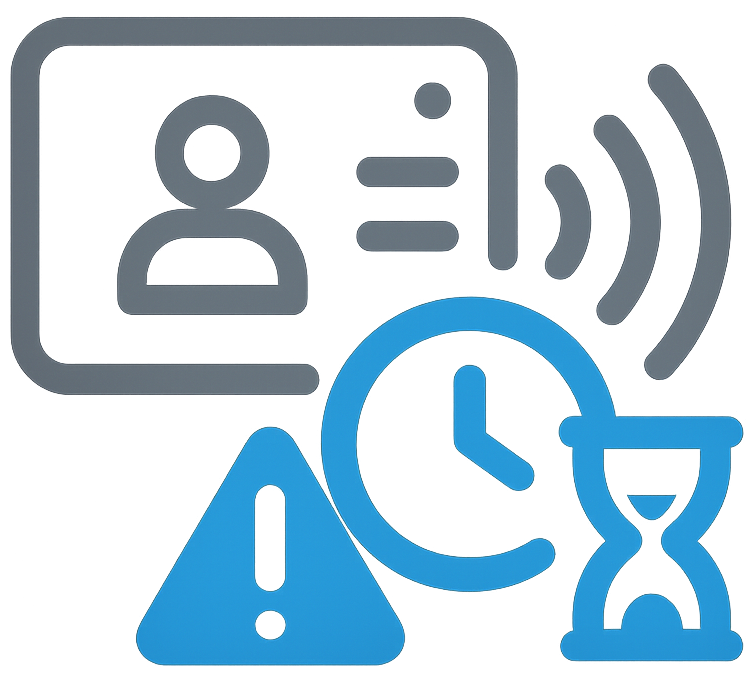 Wall-mounted speaker emitting sound waves with a blue hourglass, indicating delayed or unclear emergency communication.