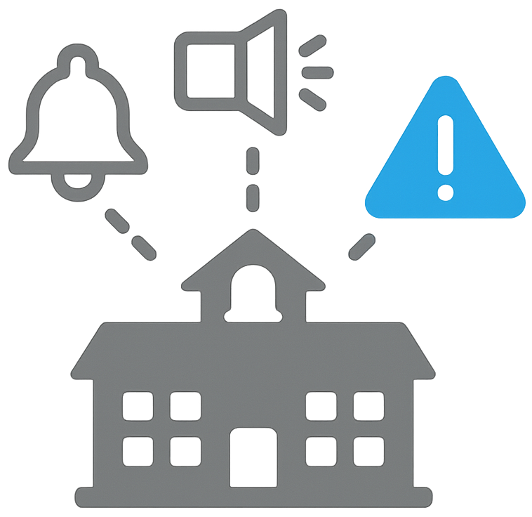 Schoolhouse with bell, loudspeaker, and blue alert symbol for emergency notifications.