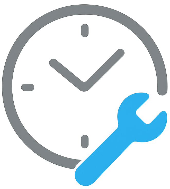 Clock and wrench icon for clock repair and upkeep