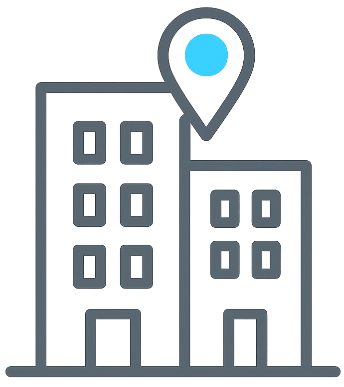 Icon of two commercial buildings with a blue location pin above, representing multi-site business locations.