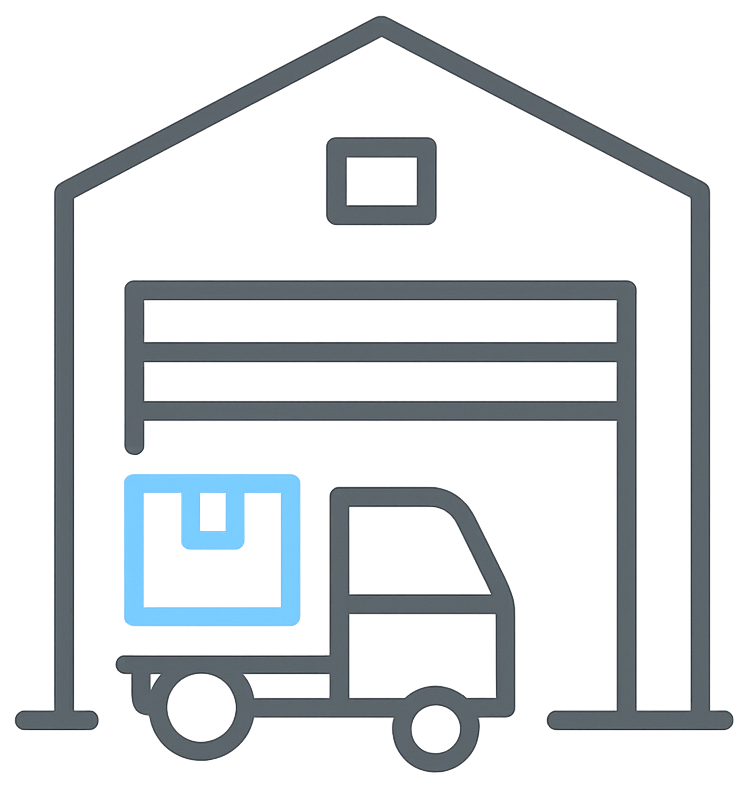 Icon of a warehouse with a delivery truck and package, representing distribution centers or logistics facilities.