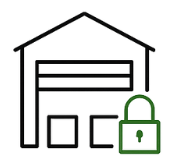 Secured facility icon with a warehouse and green padlock, symbolizing physical access control