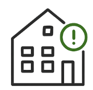Icon of a building with a green alert symbol, representing a facility alert or security incident notification.