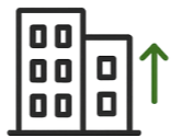 Icon of a multi-story building with a green upward arrow, symbolizing business growth, expansion, or facility scaling.