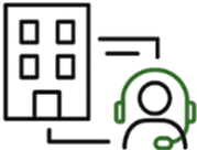 Icon of a building connected to a support agent with a headset, symbolizing remote or managed support services.